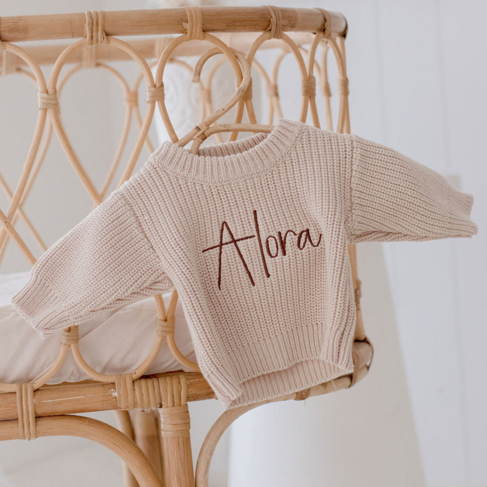 newborn chunky knit sweater beige personalised with baby name