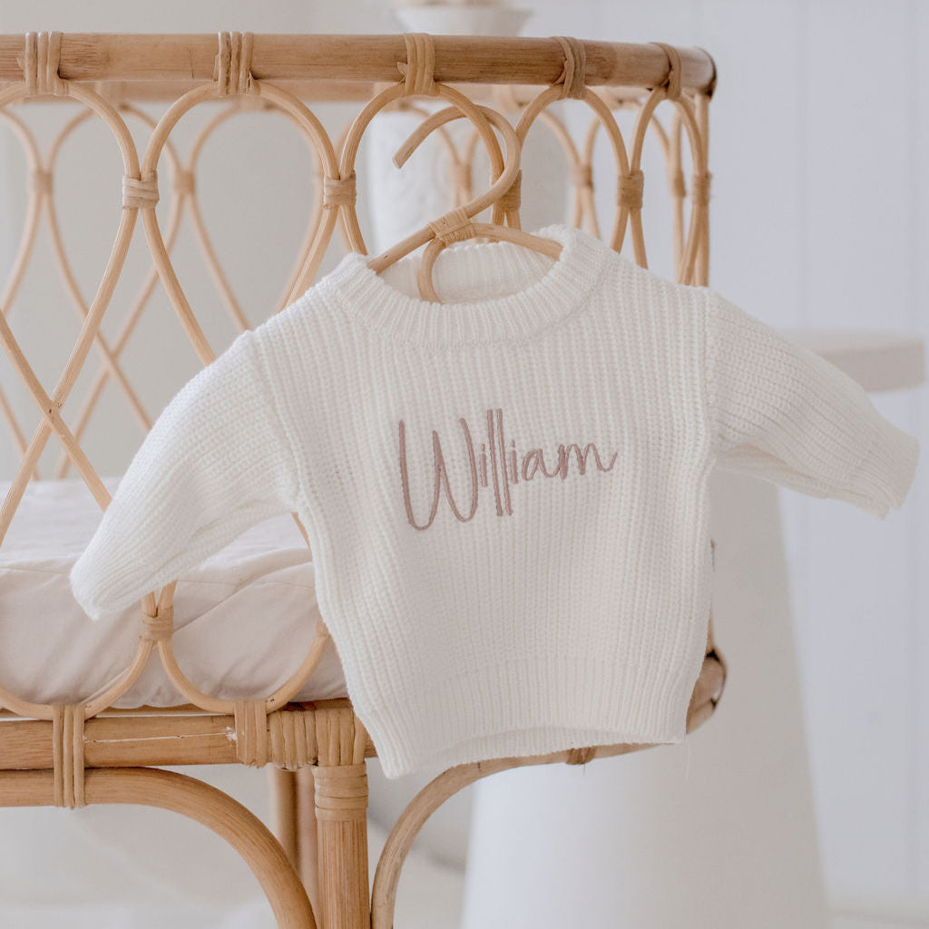 newborn chunky knit sweater white personalised with baby name