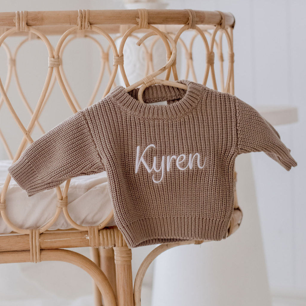 newborn chunky knit sweater mocha personalised with baby name