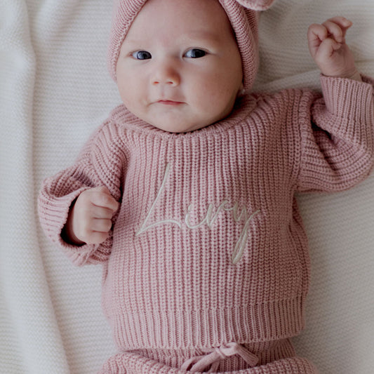 newborn chunky knit sweater dusty pink personalised with baby name
