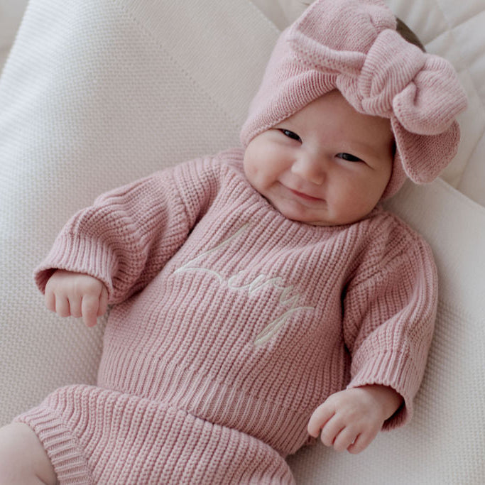 newborn chunky knit sweater dusty pink personalised with baby name