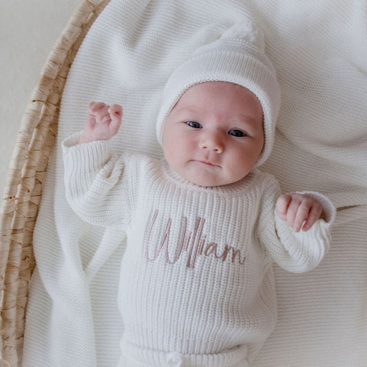 newborn chunky knit sweater white personalised with baby name