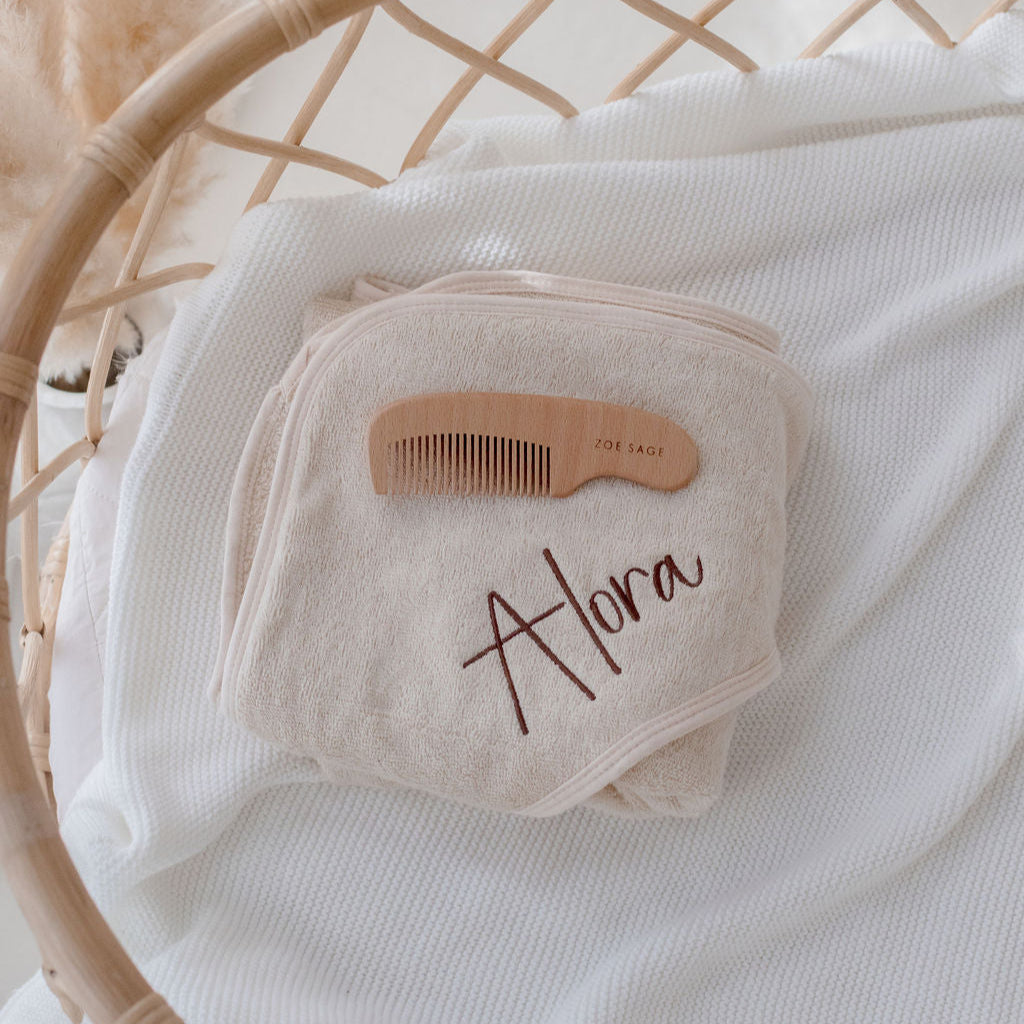 Beige Hooded Bath Towel personalised with baby name