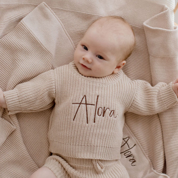 newborn chunky knit sweater beige personalised with baby name