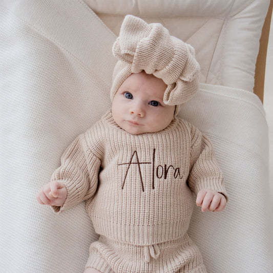 newborn chunky knit sweater beige personalised with baby name