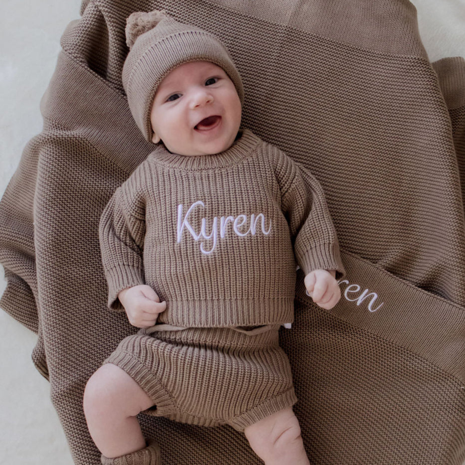 Mocha chunky knit sweater embroidered with baby name