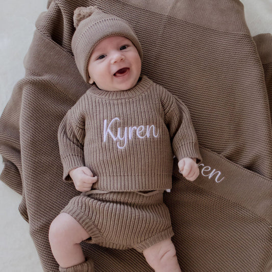Mocha chunky knit sweater embroidered with baby name
