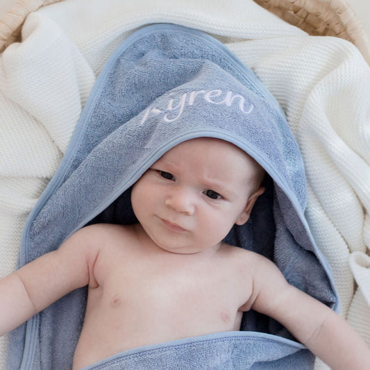 Blue hooded baby bath towel embroidered with baby name