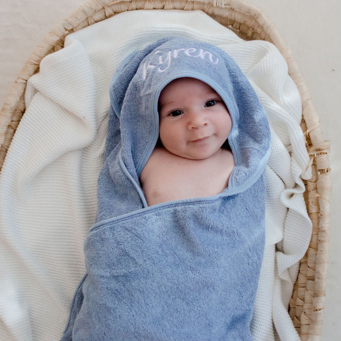 Blue hooded baby bath towel embroidered with baby name