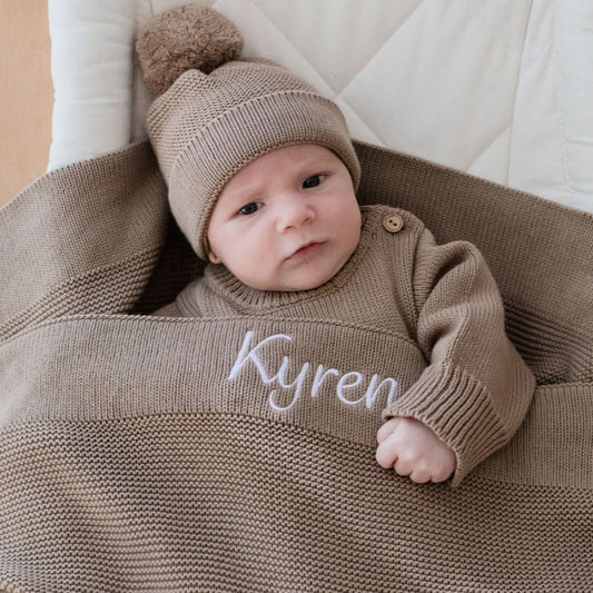 Mocha Personalised Cotton Knit Baby Blanket