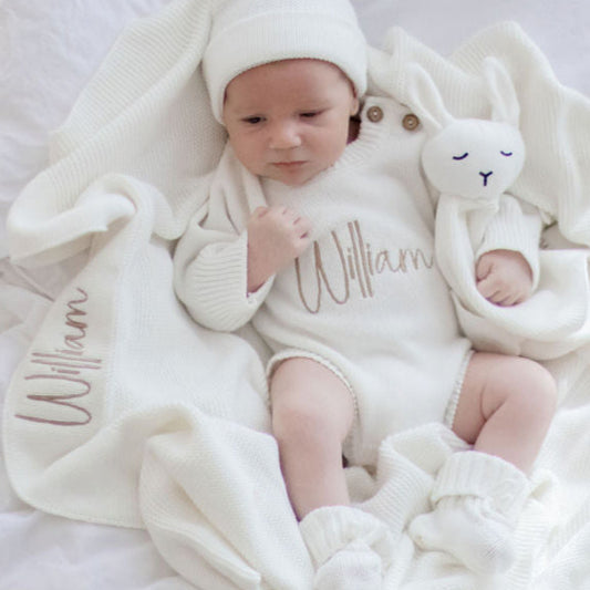 White Personalised Cotton Knit Baby Blanket