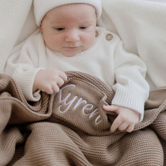 Mocha Personalised Cotton Knit Baby Blanket
