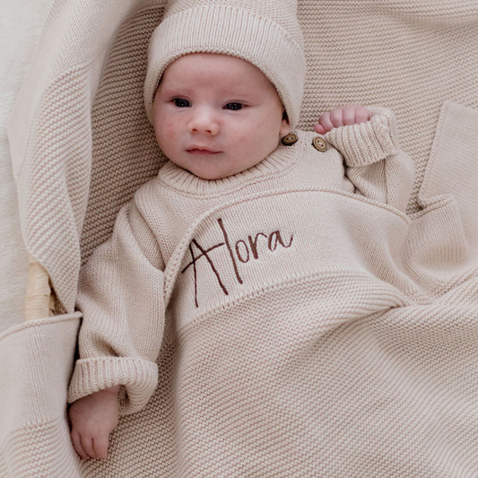 Beige Personalised Cotton Knit Baby Blanket