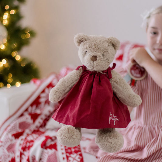 Child holding a teddy bear in a red dress with a Christmas tree in the background