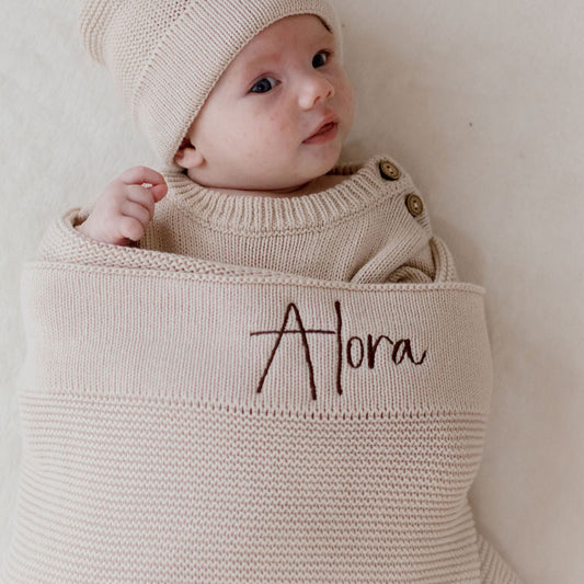 Beige Personalised Cotton Knit Baby Blanket