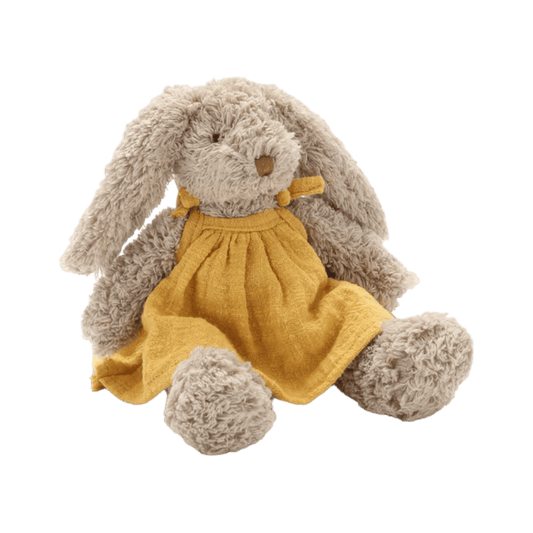 Nana Huchy Baby girl Honey Bunny wearing a mustard colour dress personalise baby name with embroidery