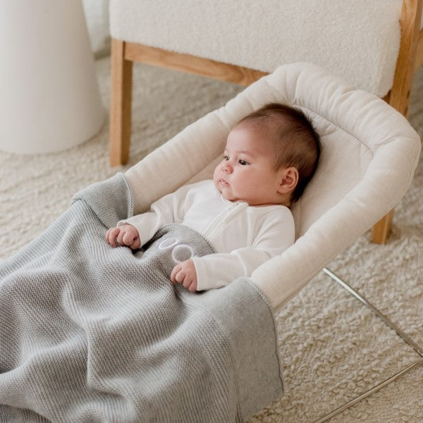 Grey Cotton Knit Baby Blanket personalised with baby name embroidery Grey thread