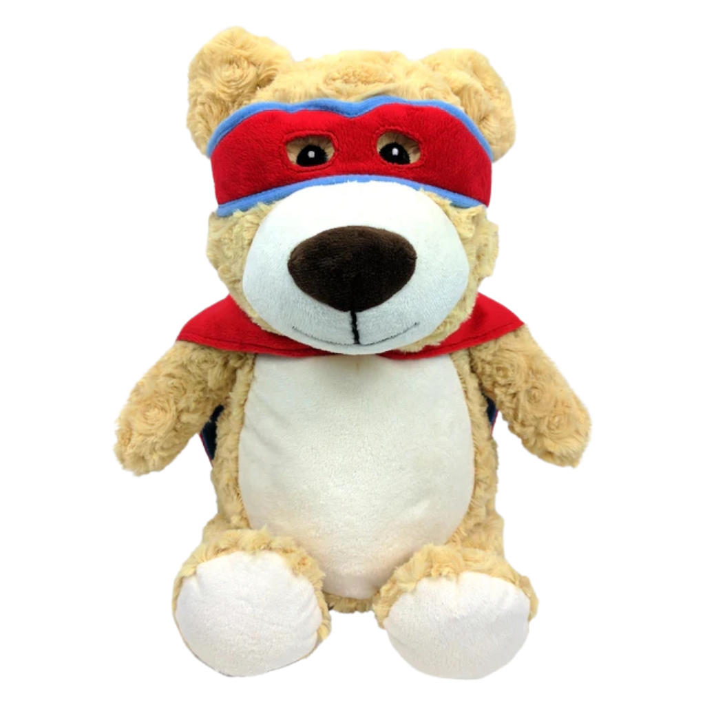 Personalised red blue super hero bear Cubby Teddy personalise name with embroidery
