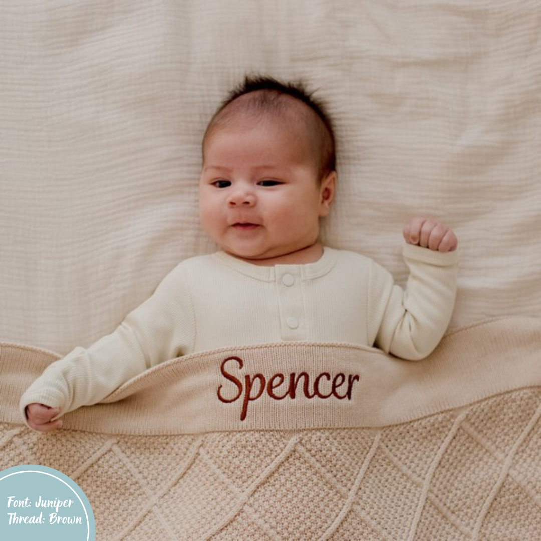 Beige Diamond Knit Baby Blanket personalised with baby name embroidery brown thread