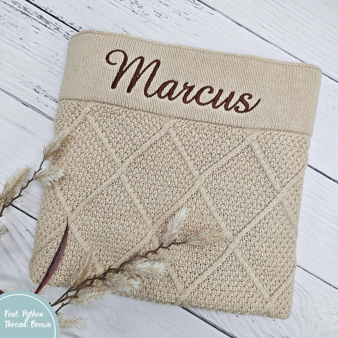 Beige Diamond Knit Baby Blanket personalised with baby name embroidery brown thread
