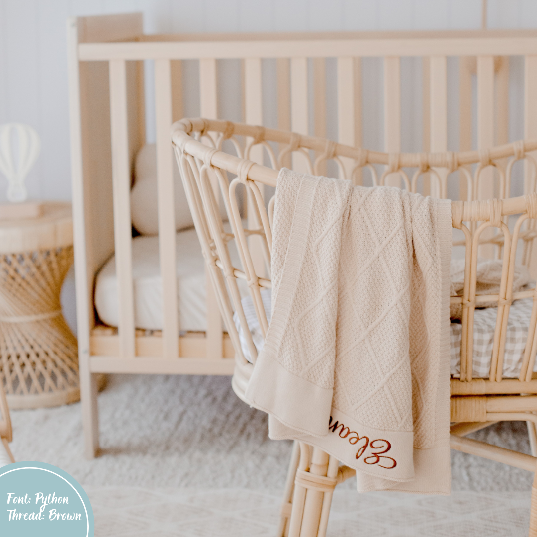 Beige Diamond Knit Baby Blanket personalised with baby name embroidery brown thread