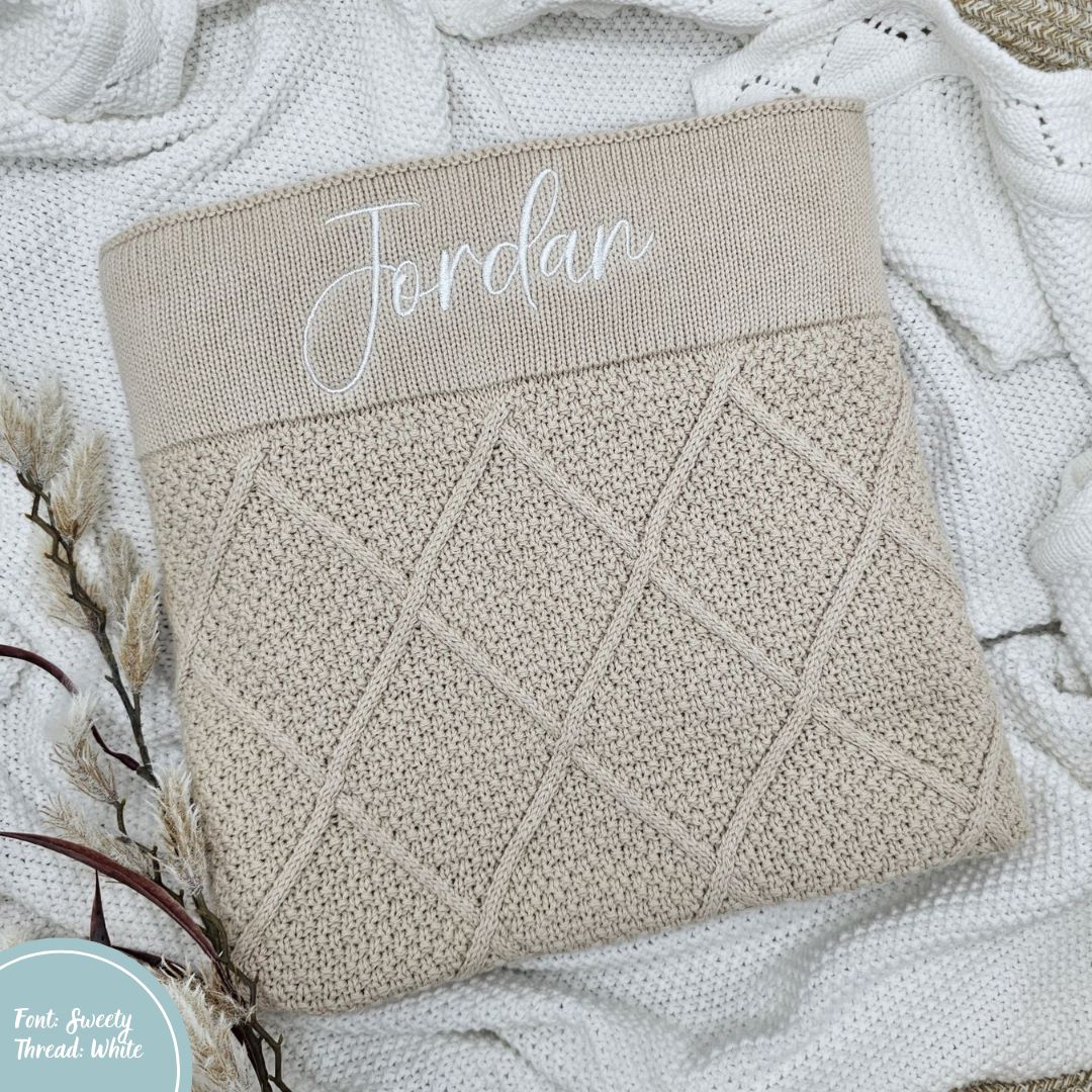 Beige Diamond Knit Baby Blanket personalised with baby name embroidery white thread