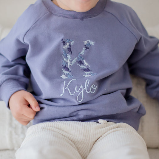 blue baby and toddler crewneck embroidered with a dinosaur name design using a blue colour theme