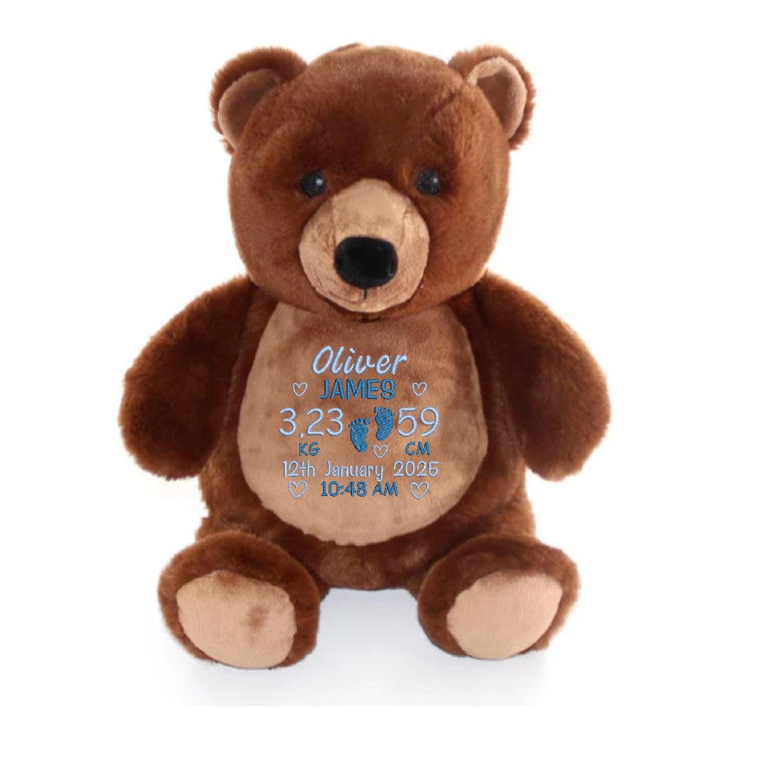 brown grizzly bear cubby teddy embroidered with a birth block personalised