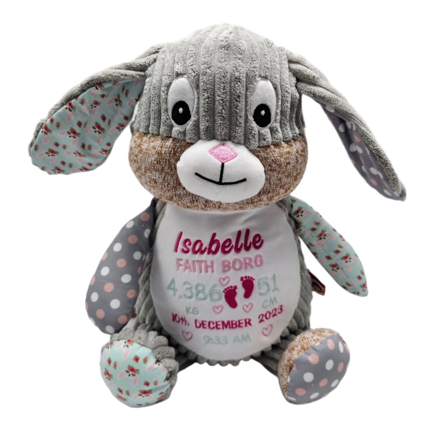 Personalised chic bunny cubby personalised with embroidered birth block