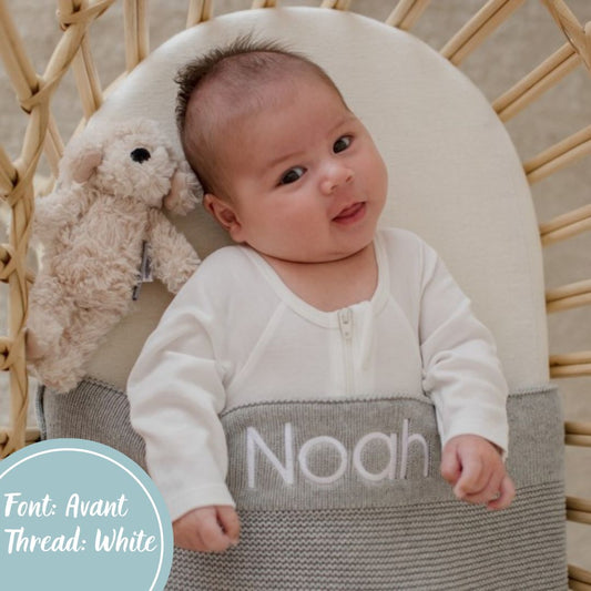 Grey Cotton Knit Baby Blanket personalised with baby name embroidery White thread