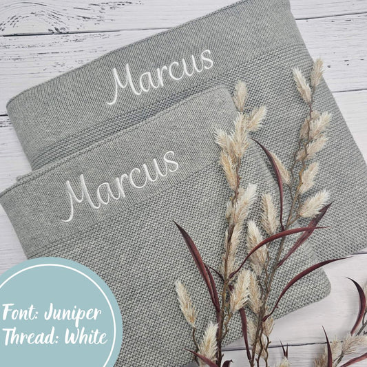 Grey Cotton Knit Baby Blanket personalised with baby name embroidery White thread