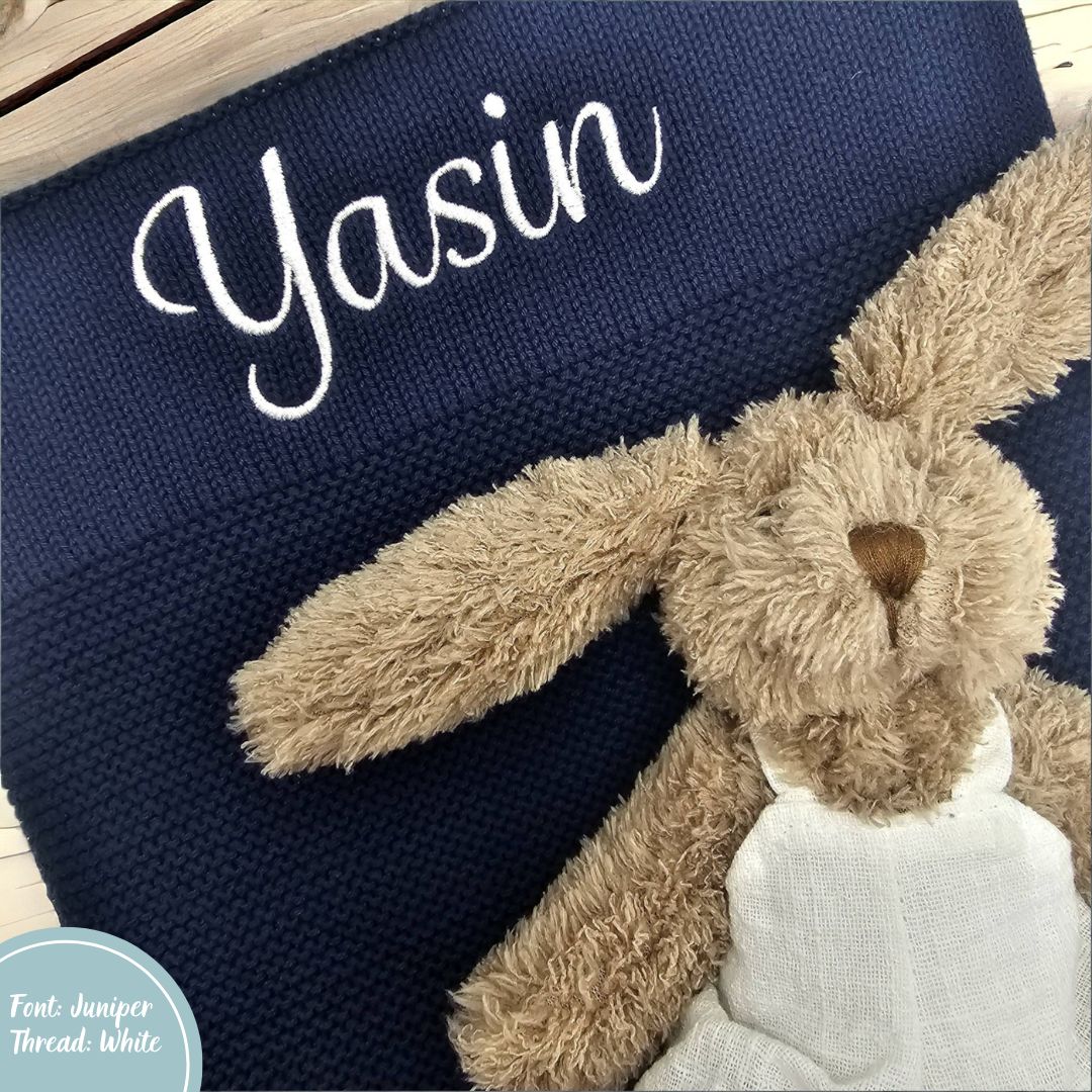 Navy Blue Personalised Cotton Knit Baby Blanket personalise newborn name with embroidery