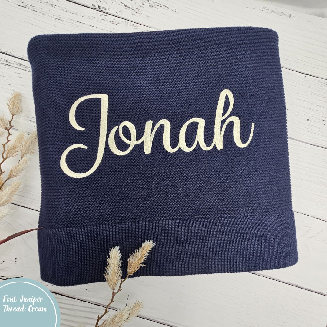 Navy Blue Personalised Cotton Knit Baby Blanket personalise newborn name with embroidery