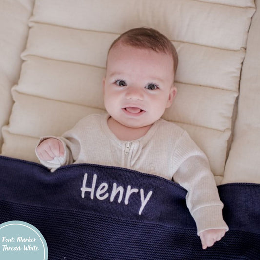 Navy Blue Personalised Cotton Knit Baby Blanket personalise newborn name with embroidery
