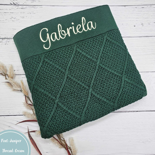 Forrest green knit diamond knit personalised baby name blanket embroidery