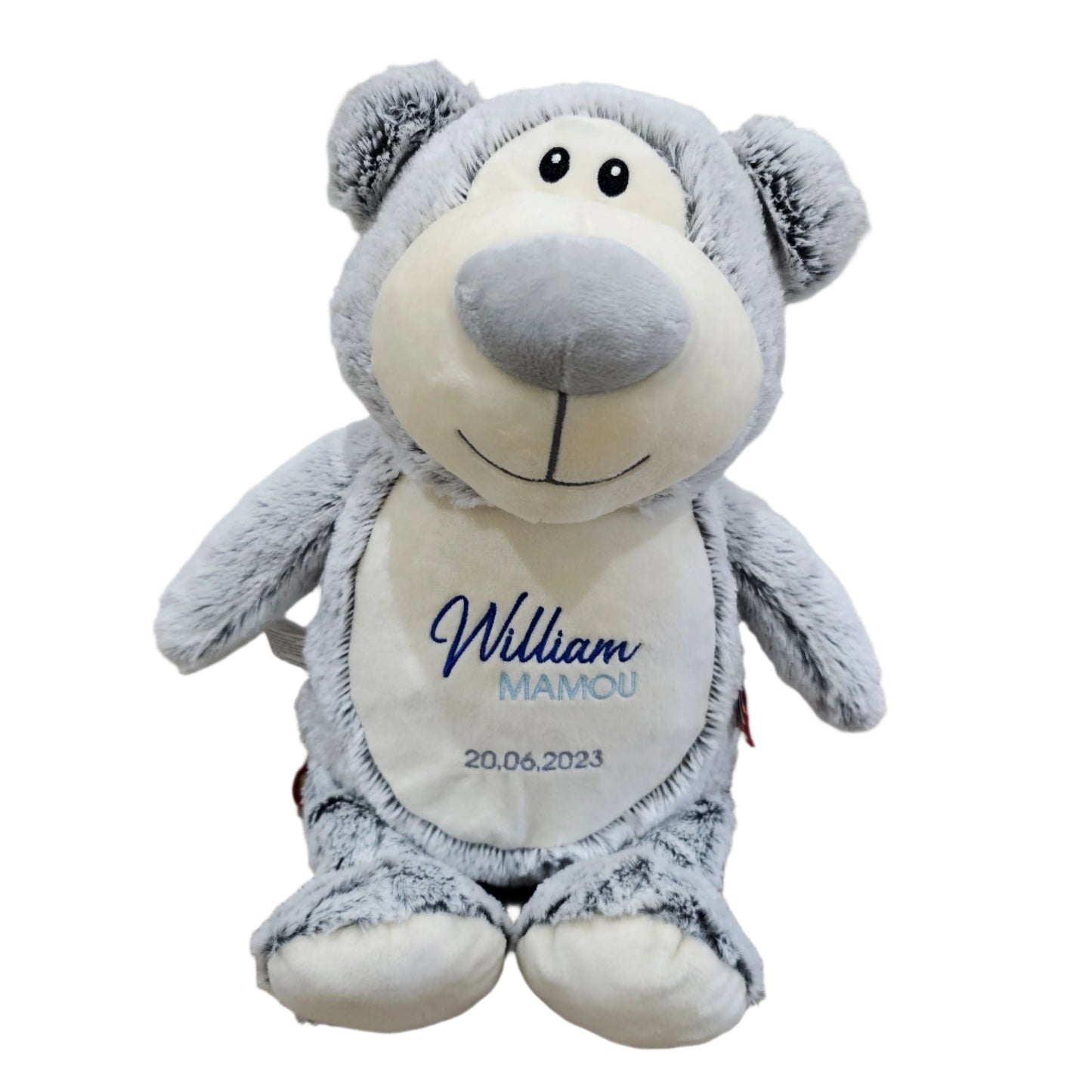 Grey Bear cubby teddy personalised with baby name embroidery