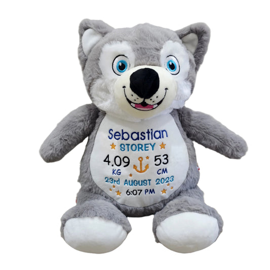 husky dog teddy cubby embroidery with personalised birth block