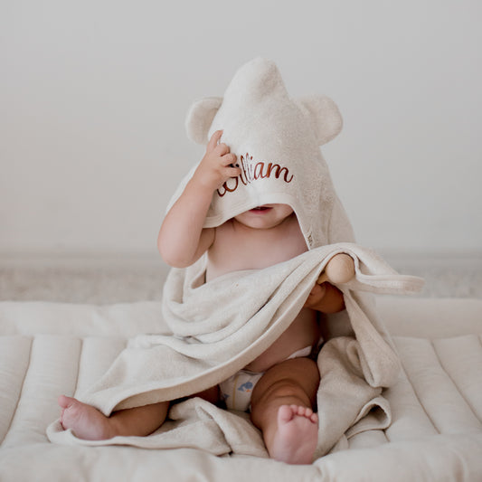 Ivory Hooded baby bath towel personalised with baby or child name embroidery with brown thread