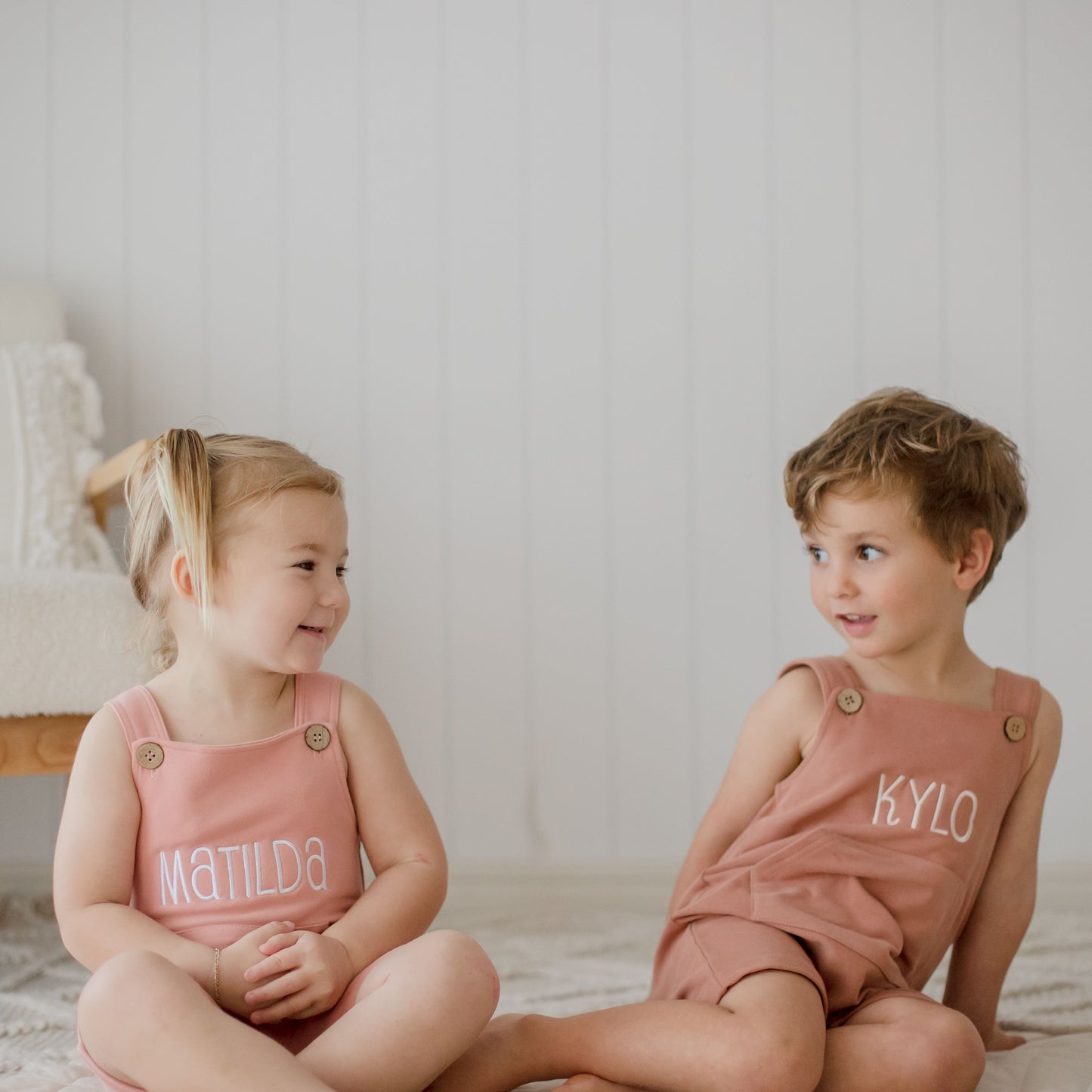 baby and kids latte brown and pink overalls embroidered with child's name