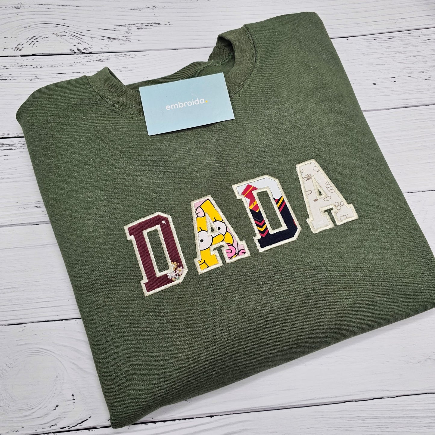 MAMA Memory Sweater made from babies clothing embroidered khaki green