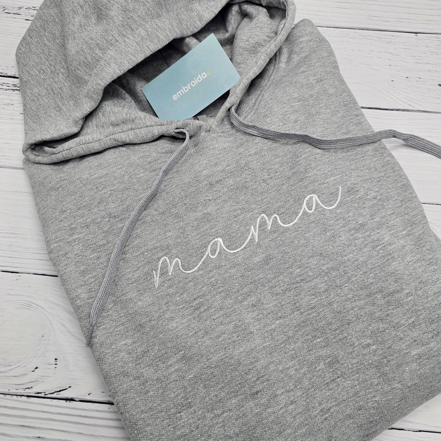 MAMA hoodie jumper est cursive writing grey