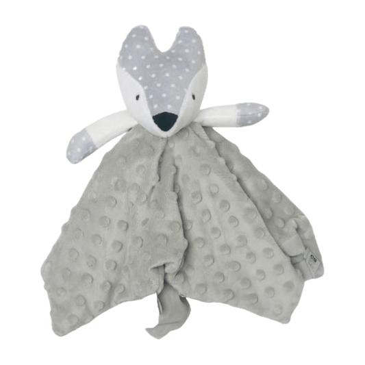 Mink Grey Rattle Fox Baby Comforter personalise baby name with embroidery
