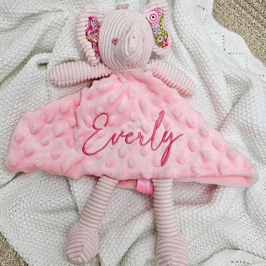 Minky pink elephant comforter personalised baby name with embroidery