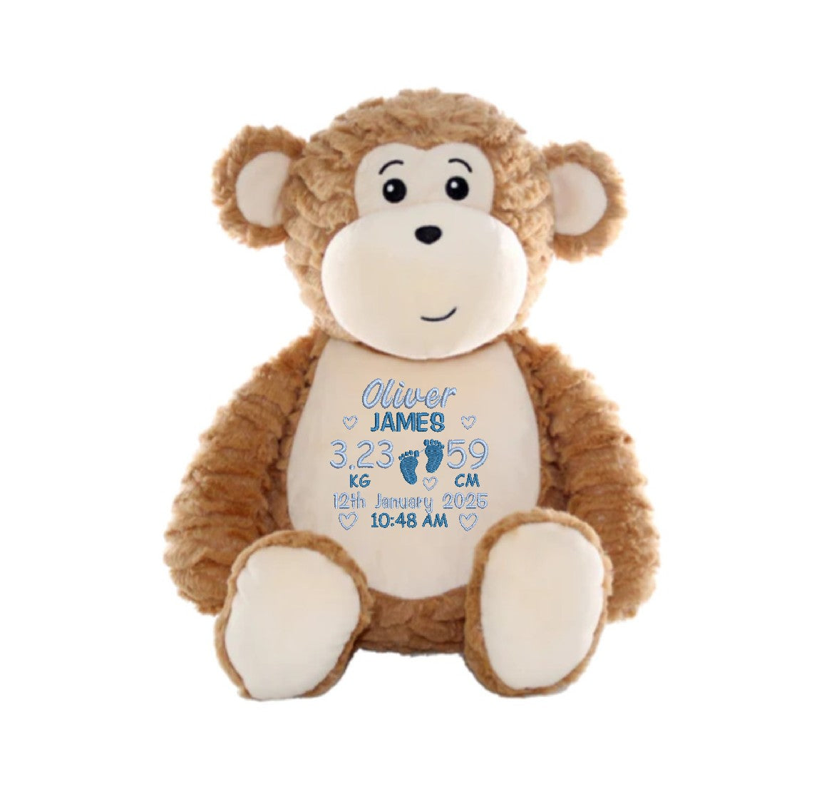 monkey cubby teddy personalised with birth block embroidery