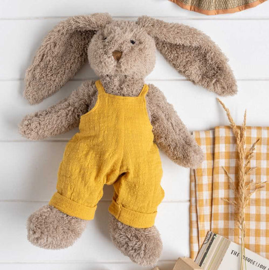 Nana Huchy Mr Honey Bunny wearing mustard overalls personalise baby name with embroidery