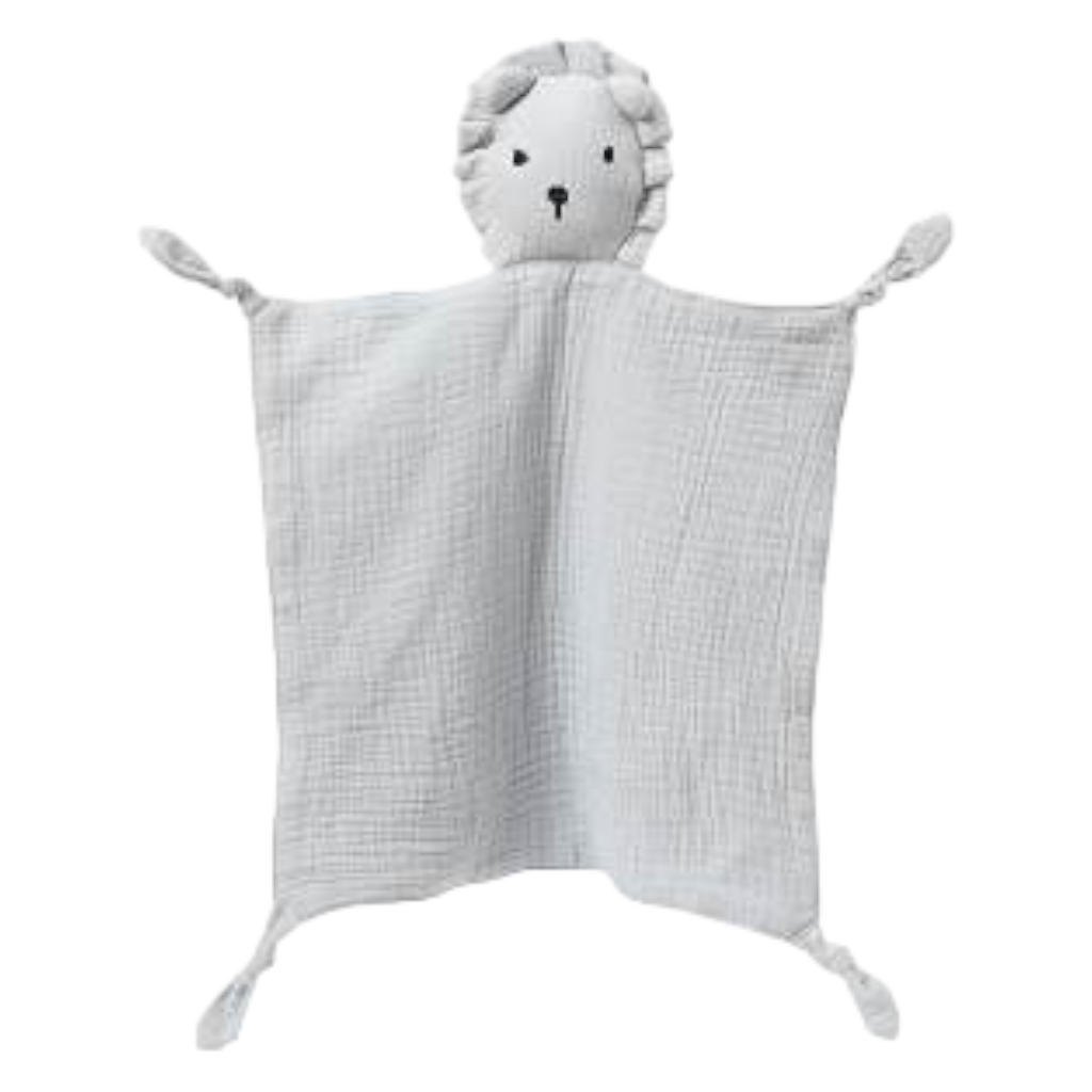 Grey Muslin Lion Baby Comforter personalise child name with embroidery