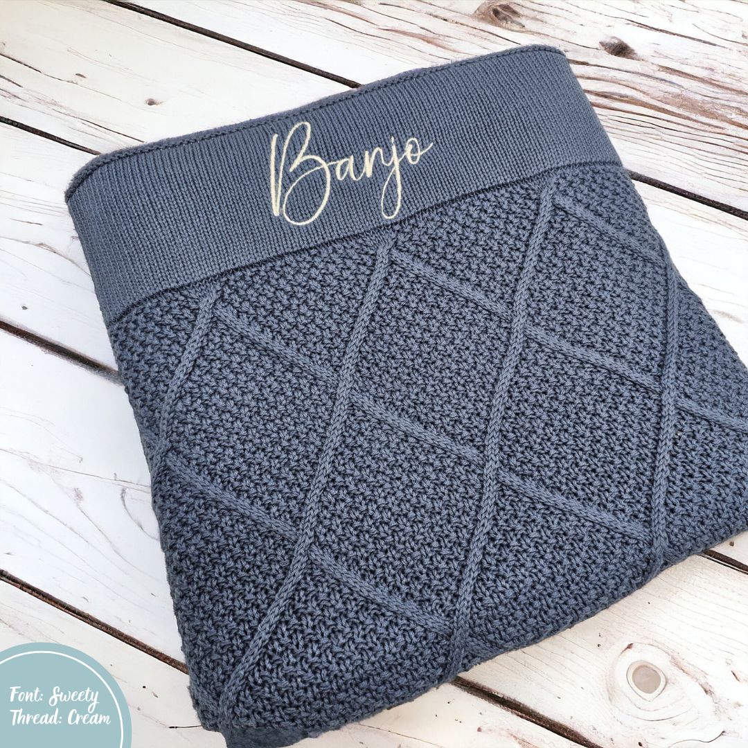 personalised Ocean Blue Diamond Knit Cotton Blanket with baby or child name embroidered
