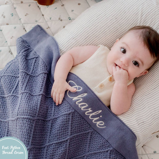 personalised Ocean Blue Diamond Knit Cotton Blanket with baby or child name embroidered