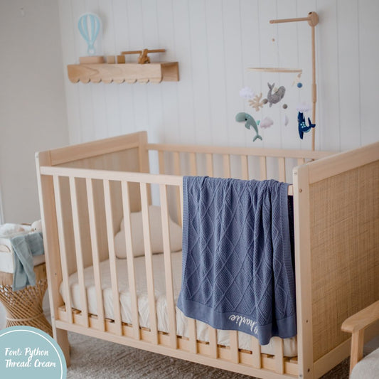 personalised Ocean Blue Diamond Knit Cotton Blanket with baby or child name embroidered