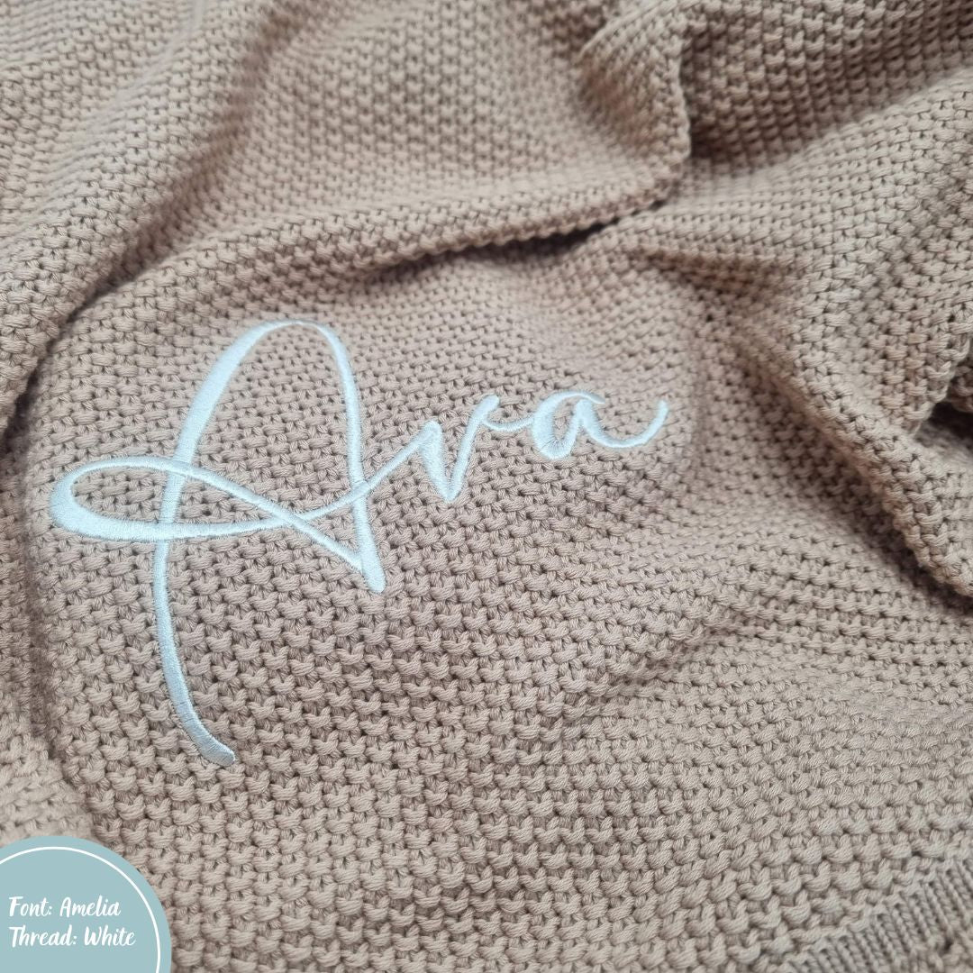Peach Pink Crochet Knit Blanket personalised with baby or child name embroidery